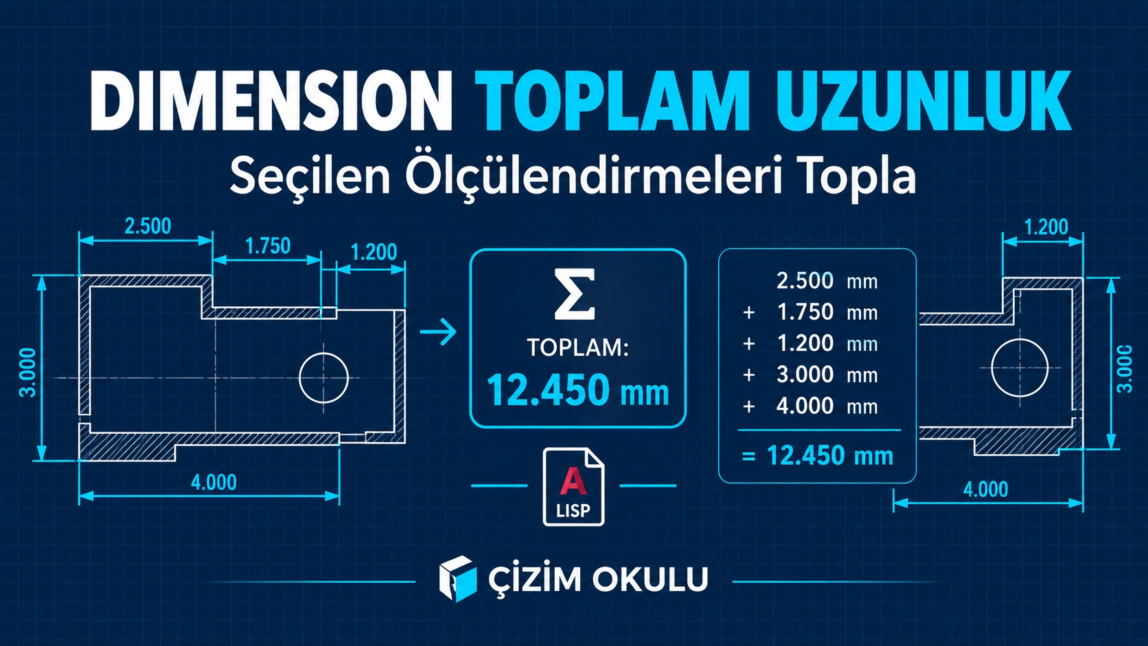 Secilen ölçülendirmelerin (dimension) toplam uzunluğunu yazan lisp
